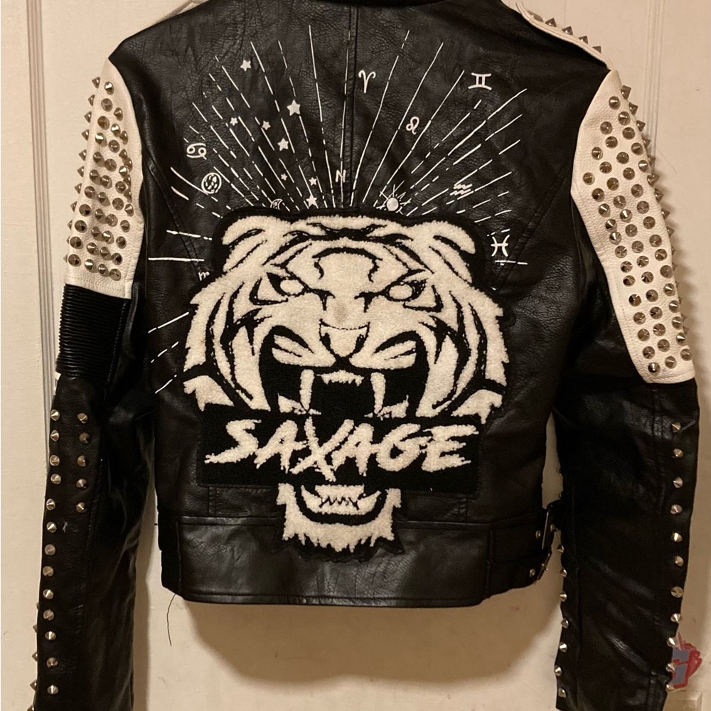 Savage Embroidered Studded Leather Jacket - Black & White